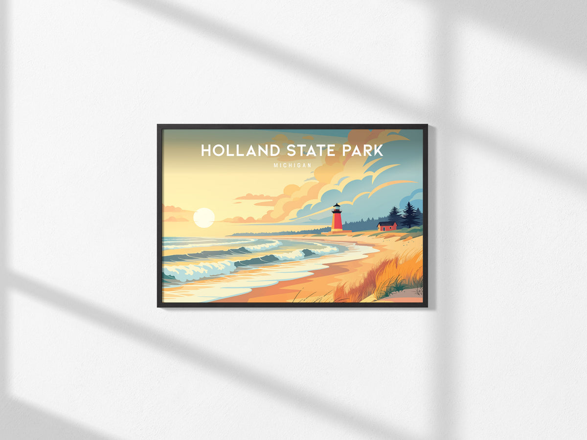 Holland State Park Landscape, Michigan Poster | Big Red Lighthouse Destination Print Wall Art — framed and ready to hang, 2x3