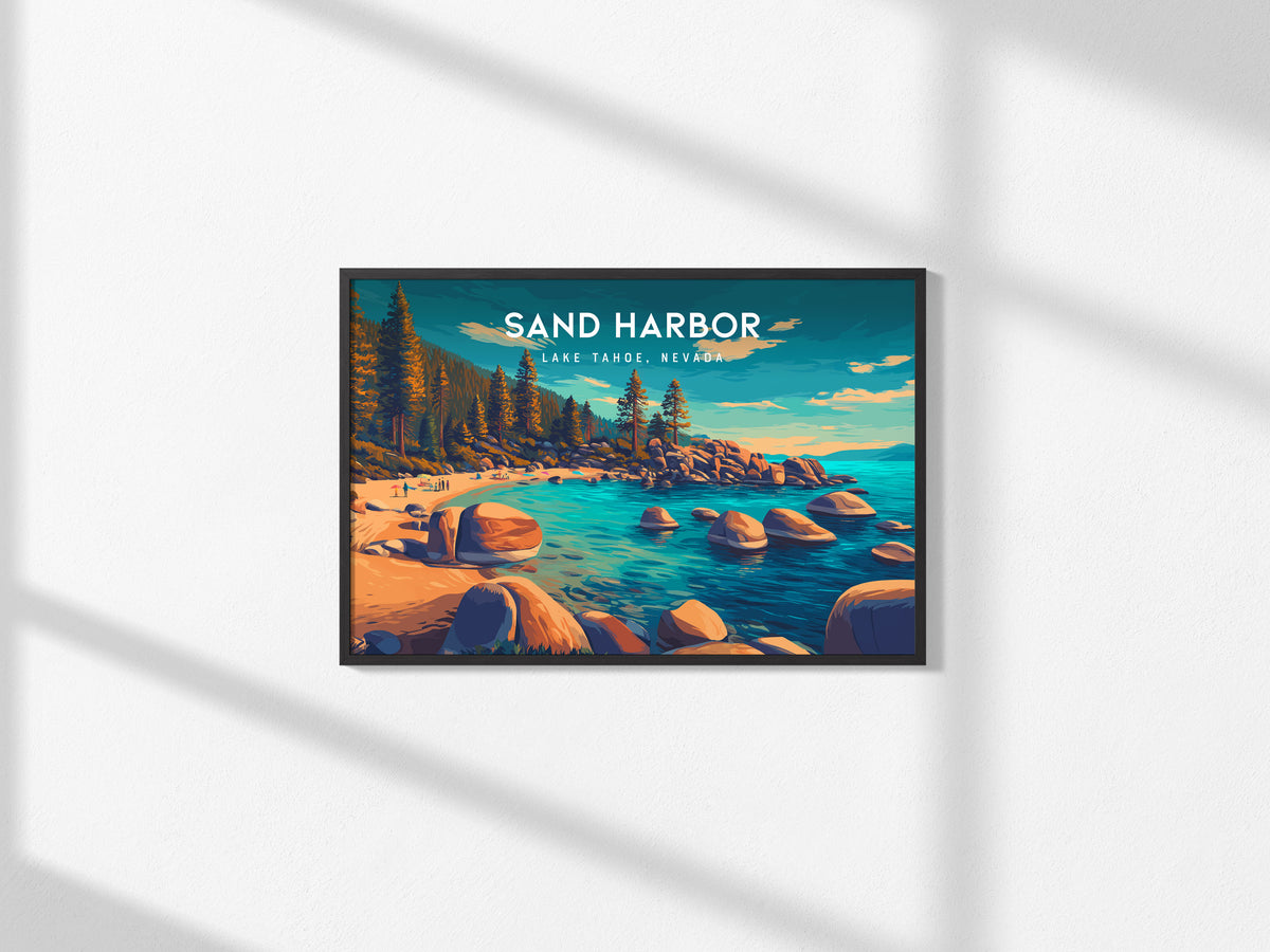 Sand Harbor Landscape Poster | Lake Tahoe, Nevada Travel Gift Destination Print — framed and ready to hang, 2x3 in