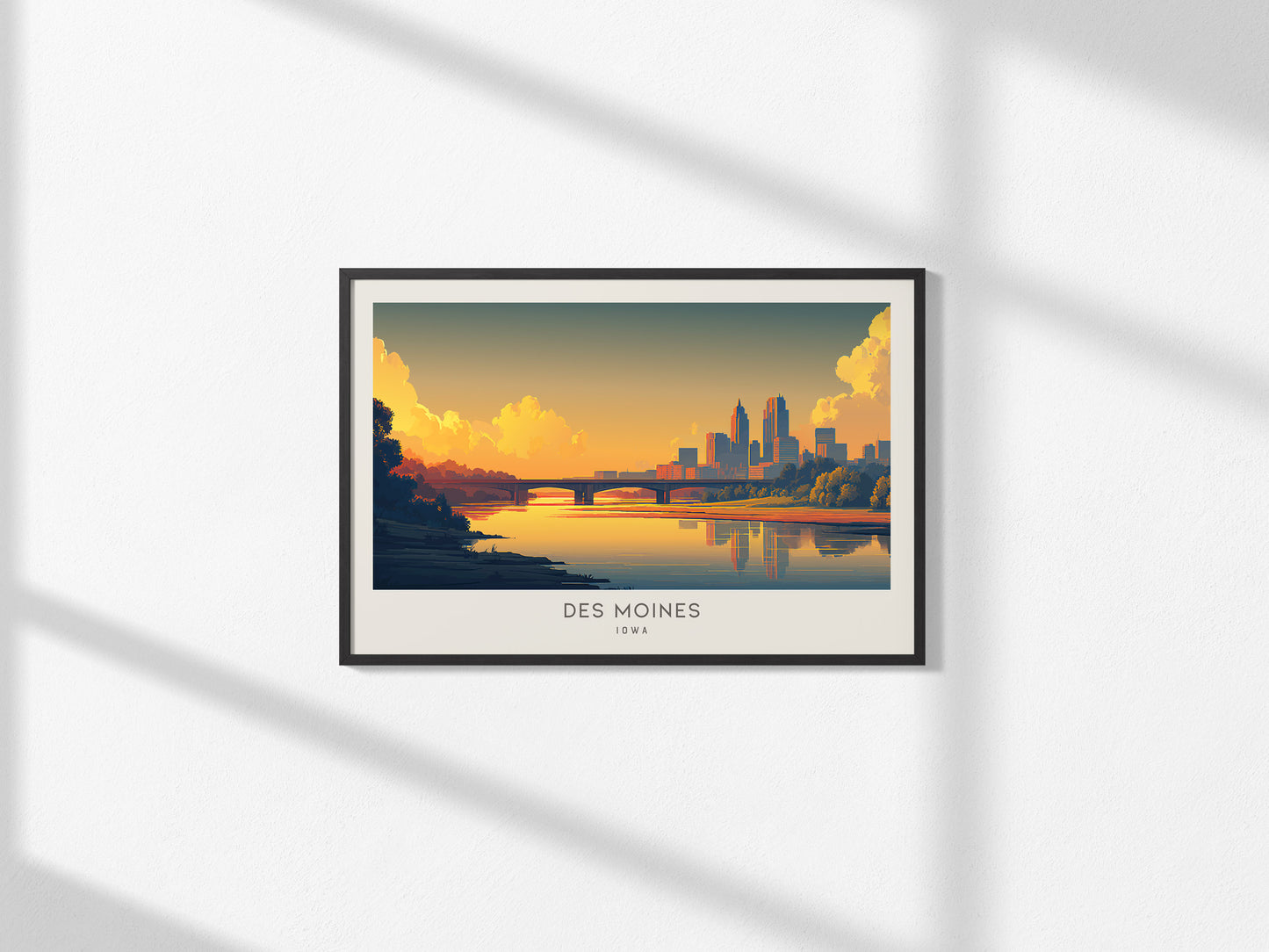 Des Moines Landscape Matte Border Poster | Iowa Travel Wall Art — framed and ready to hang, 2x3 in