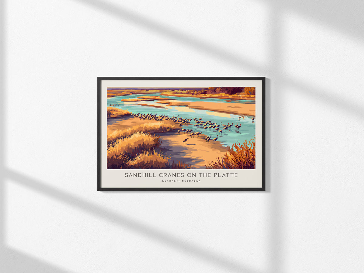 Sandhill Cranes on the Platte Landscape Matte Border Poster | Kearney, Nebraska Framed or Unframed Travel Gift — framed and r