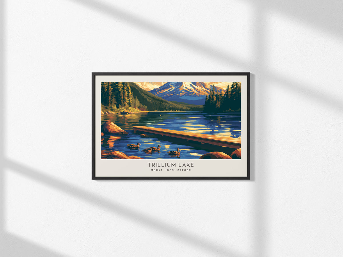 Trillium Lake Landscape Matte Border Poster | Mount Hood, Oregon Travel Gift Print — framed and ready to hang, 2x3 in