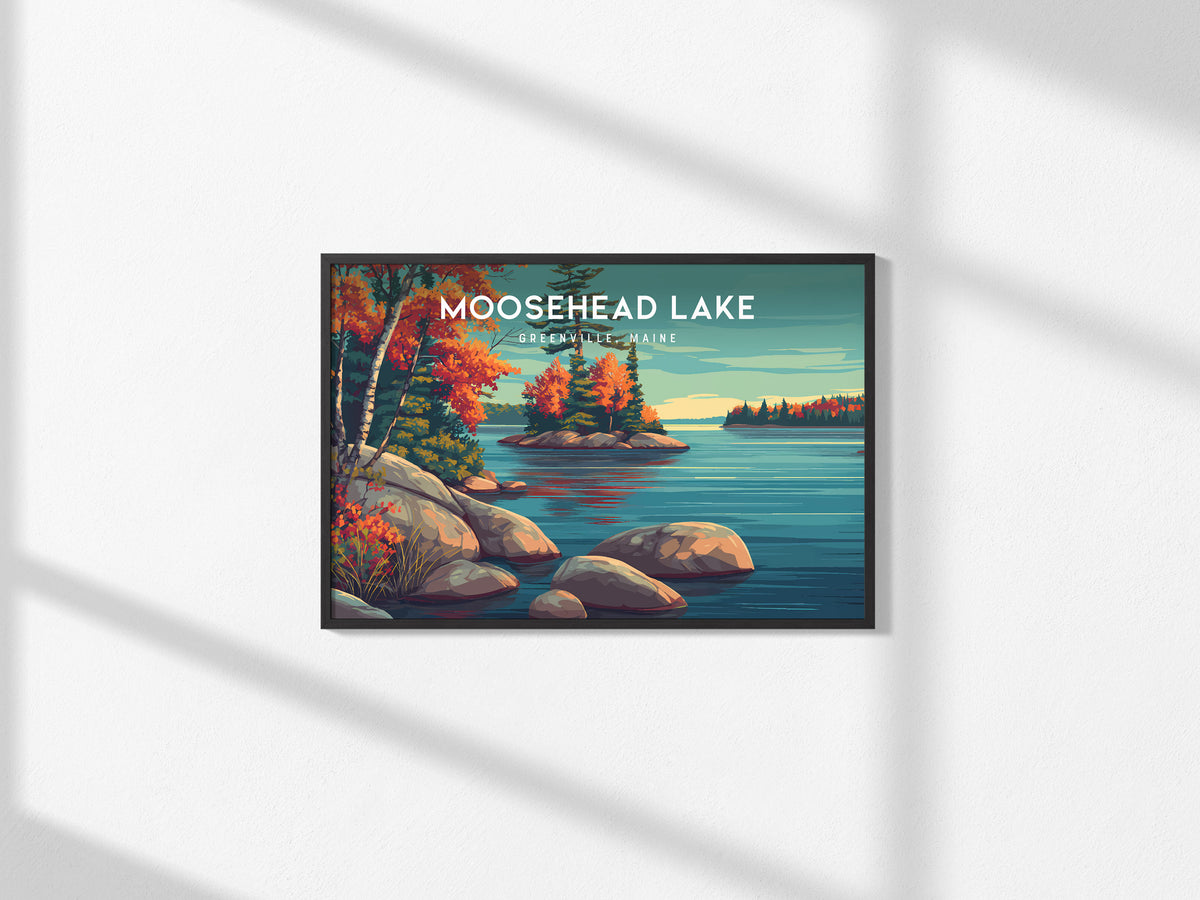 Moosehead Lake Landscape Poster | Greenville, Maine Travel Gift Lakeside Wall Art — framed and ready to hang, 2x3 in