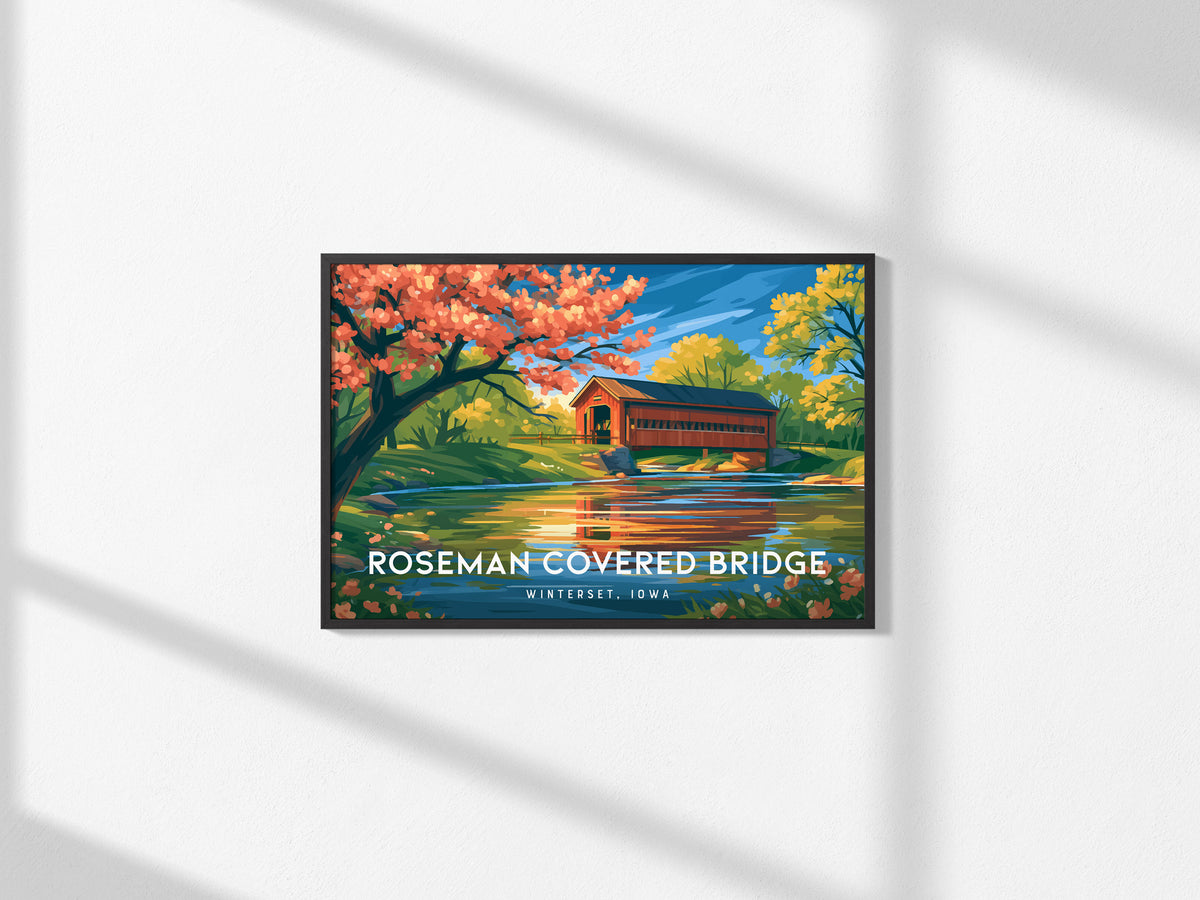 Roseman Covered Bridge Landscape Poster | Winterset, Iowa Travel Gift Wall Art — framed and ready to hang, 2x3 in