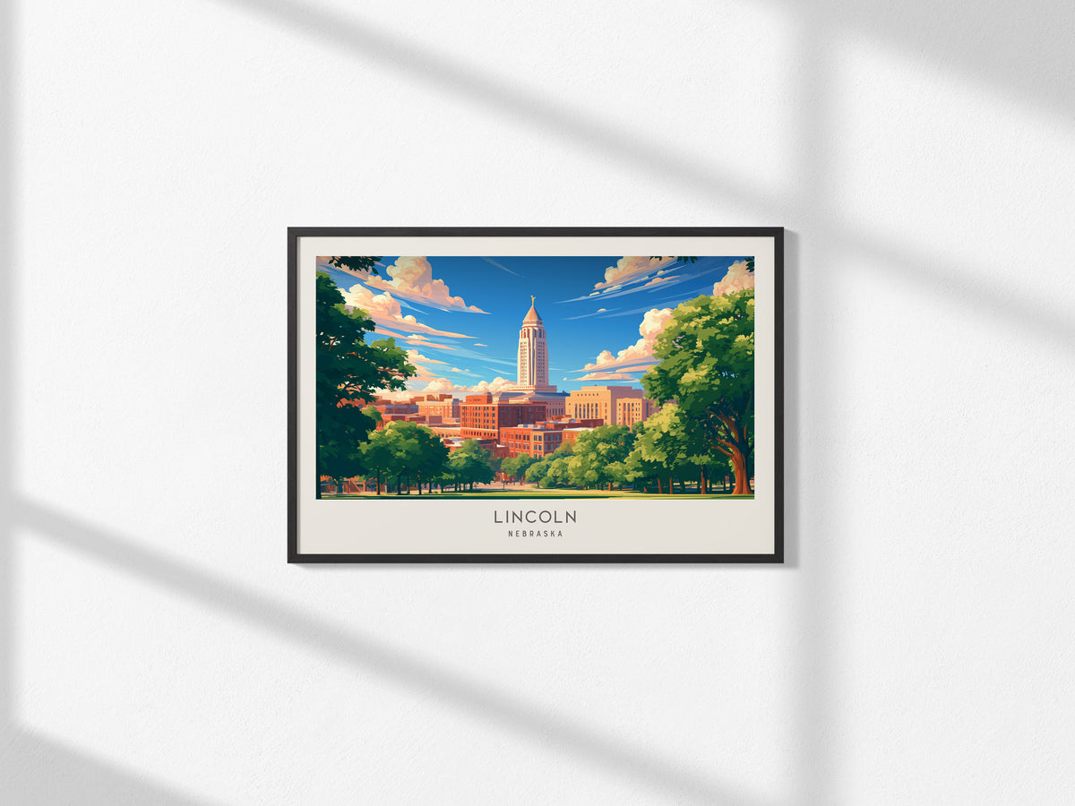 Lincoln Landscape Matte Border Poster | Nebraska Travel Wall Art — framed and ready to hang, 2x3 in