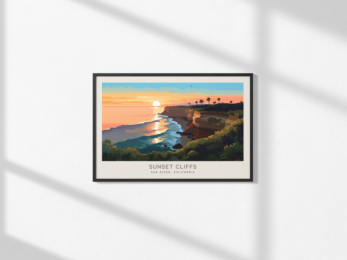 Sunset Cliffs Landscape Matte Border Poster | San Diego, California Travel Wall Art — framed and ready to hang, 2x3 in