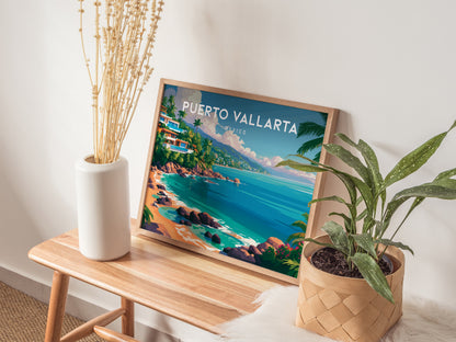 Puerto Vallarta, Mexico Landscape Poster | Beach House Decor Vacation Wall Art — 20x16 in