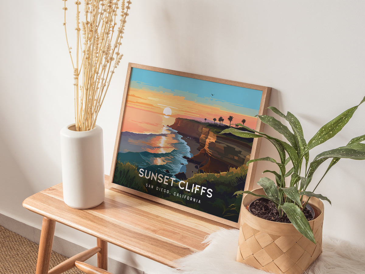 Sunset Cliffs, San Diego, California Landscape Poster | Coastal Beach Decor Wall Art — 20x16 in