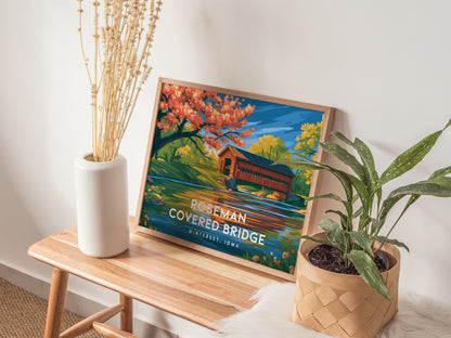 Roseman Covered Bridge Landscape Poster | Winterset, Iowa Travel Gift Wall Art — 20x16 in