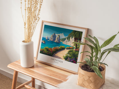 Zakynthos Zakyntos Landscape Matte Border Poster | Greece Coastal Beach Decor Vacation Wall Art — 20x16 in