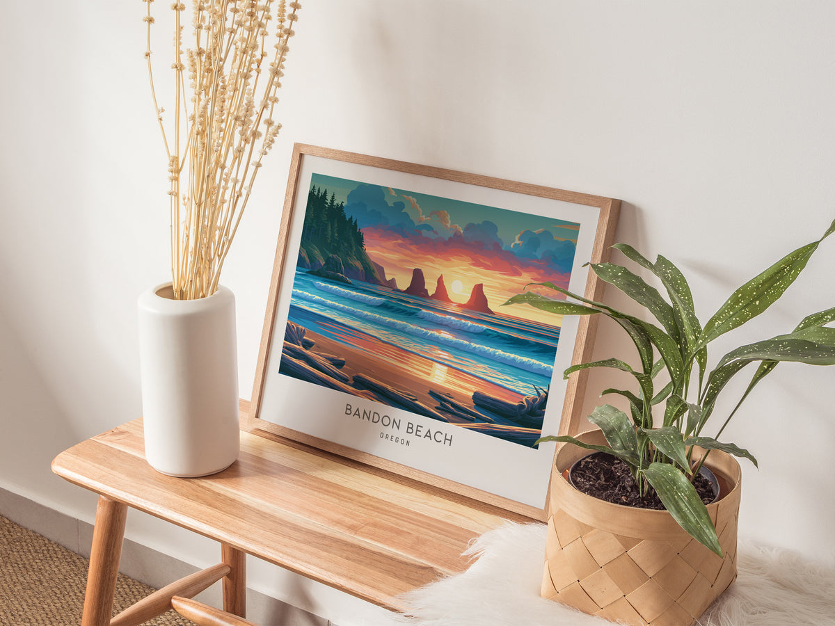 Bandon Beach Landscape Matte Border Poster | Oregon Destination Print Travel Gift — 20x16 in