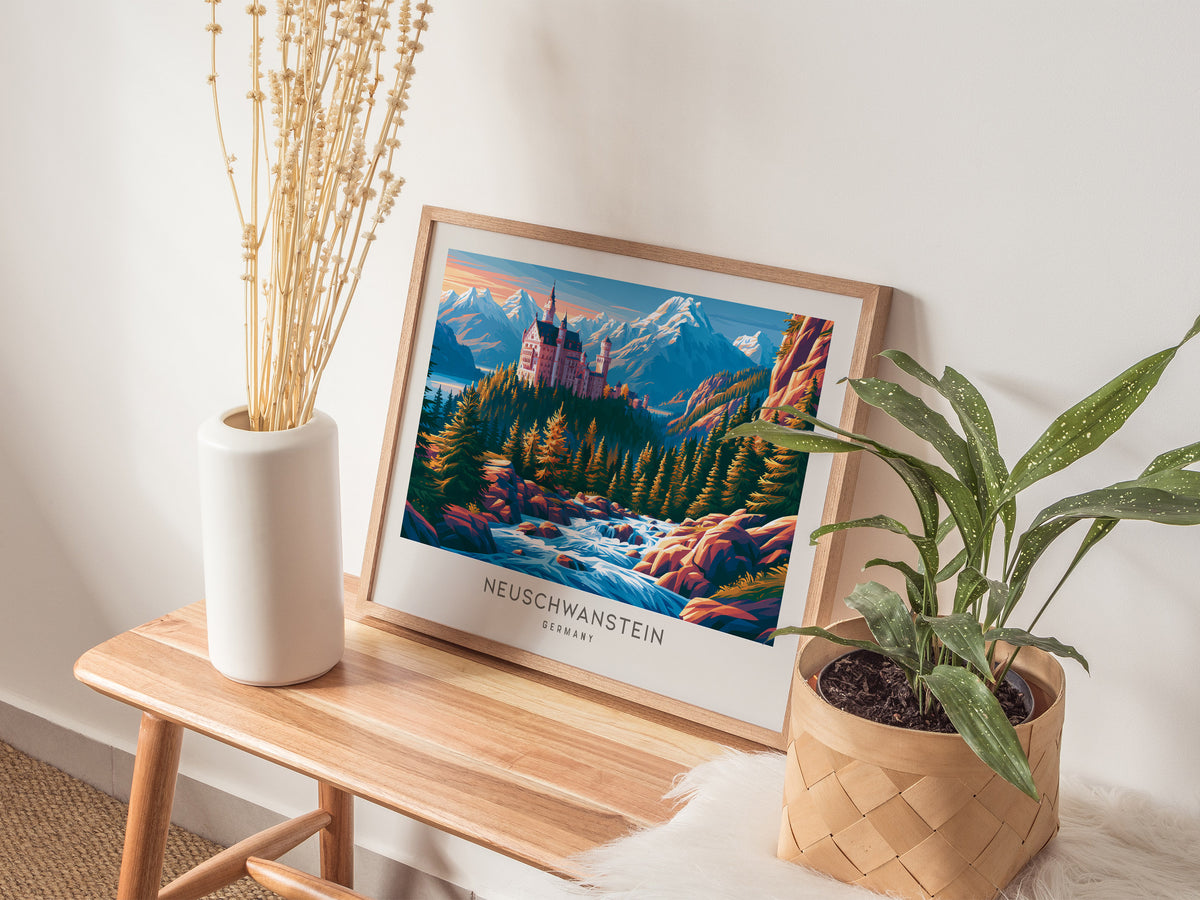 Neuschwanstein Landscape Matte Border Poster | Germany Framed or Unframed Travel Wall Art — 20x16 in