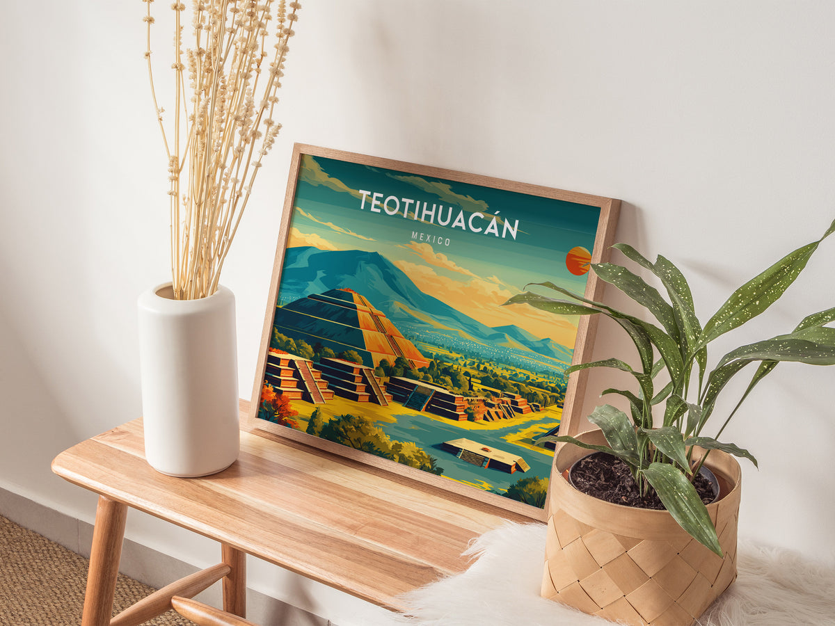 Teotihuacán, Mexico Landscape Poster | Sun & Moon Pyramids Vacation Wall Art — 20x16 in