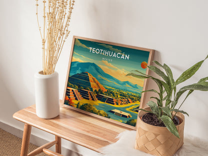 Teotihuacán, Mexico Landscape Poster | Sun & Moon Pyramids Vacation Wall Art — 20x16 in