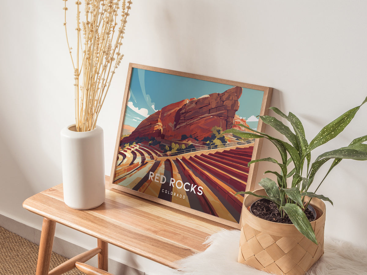 Red Rocks Amphitheatre Landscape, Colorado Poster | Iconic Mountain Venue Destination Print Wall Art — 20x16 in