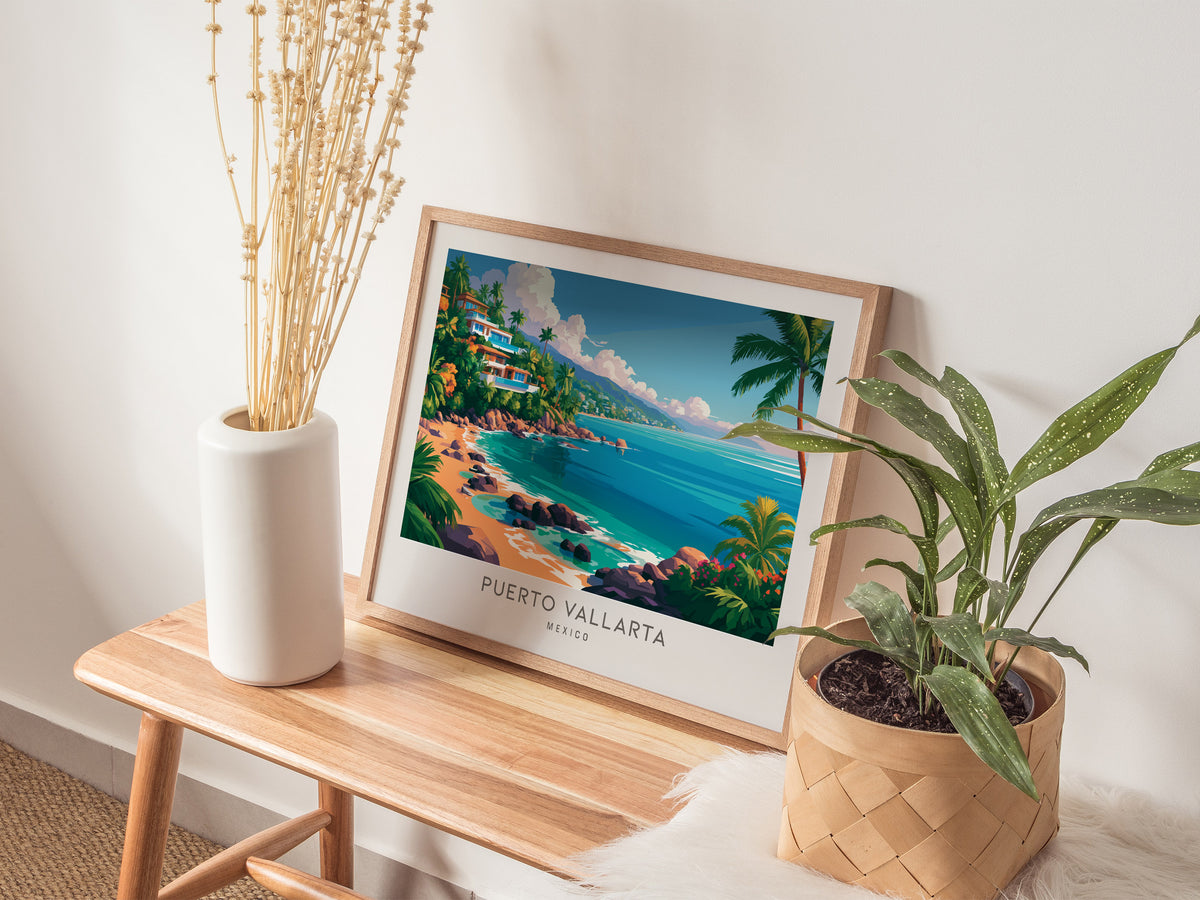 Puerto Vallarta Landscape Matte Border Poster | Mexico Coastal Beach Decor Framed or Unframed — 20x16 in