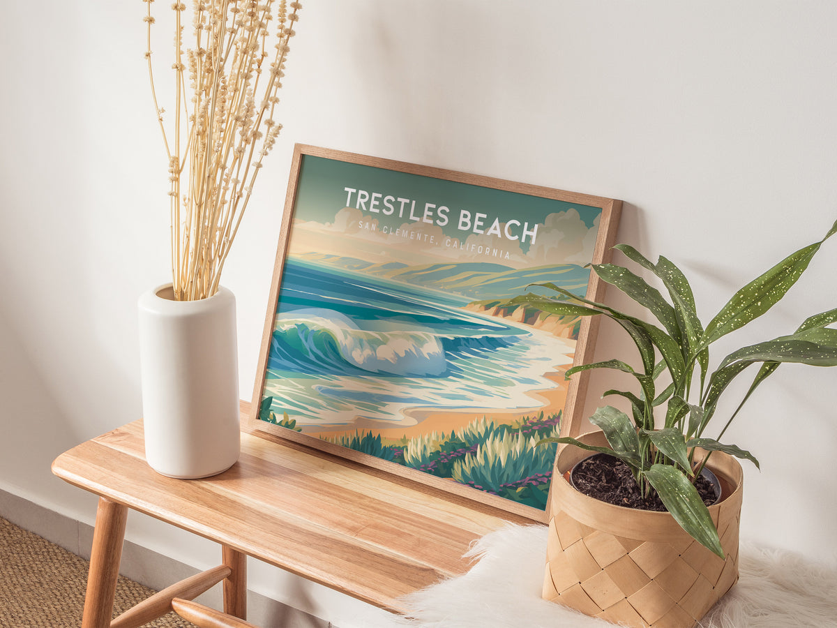 Trestles Beach Landscape, San Clemente, California Poster | Coastal Beach Decor Travel Gift Wall Art — 20x16 in