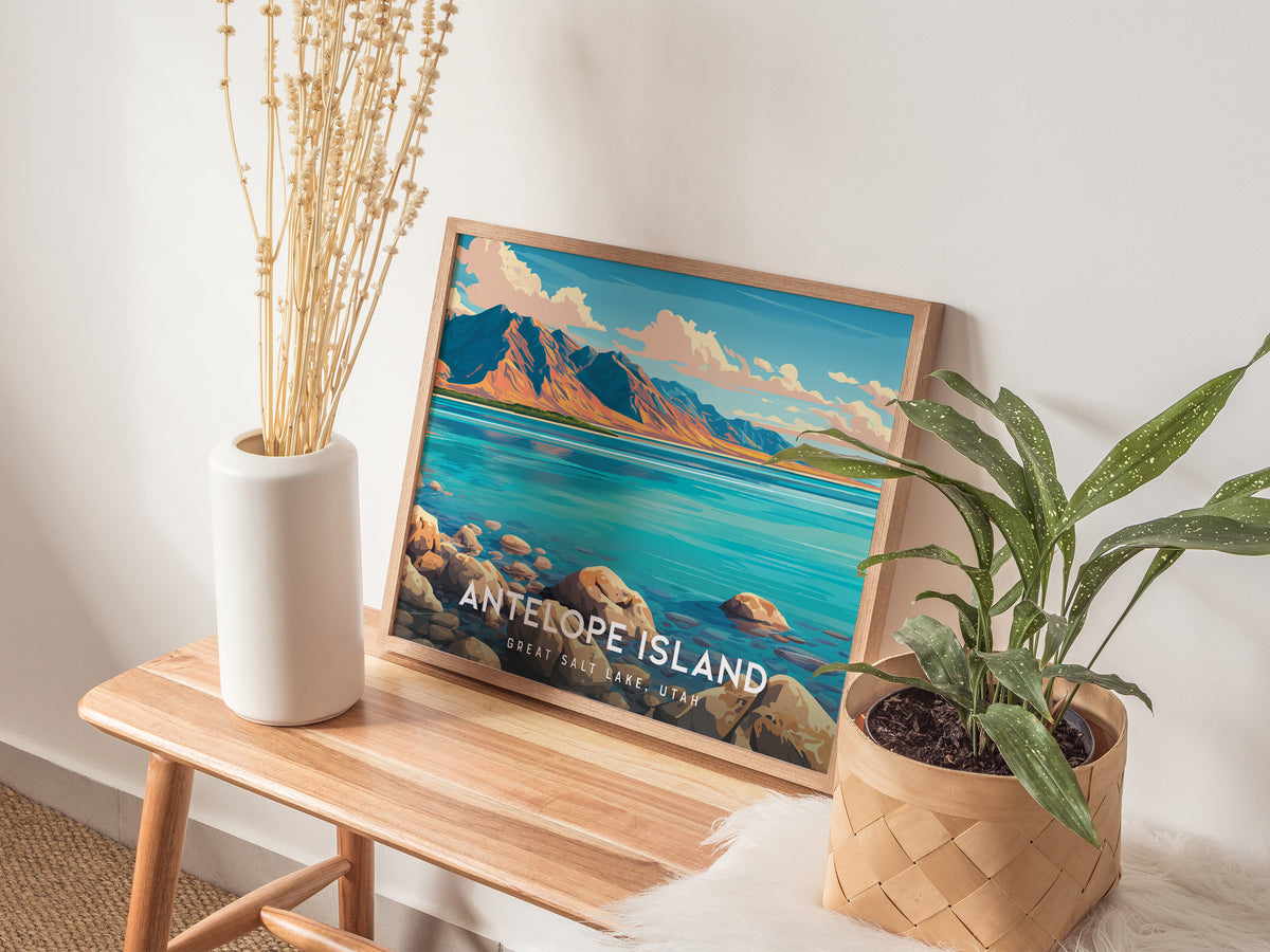 Antelope Island Landscape Poster | Great Salt Lake, Utah Vacation Wall Art — 20x16 in