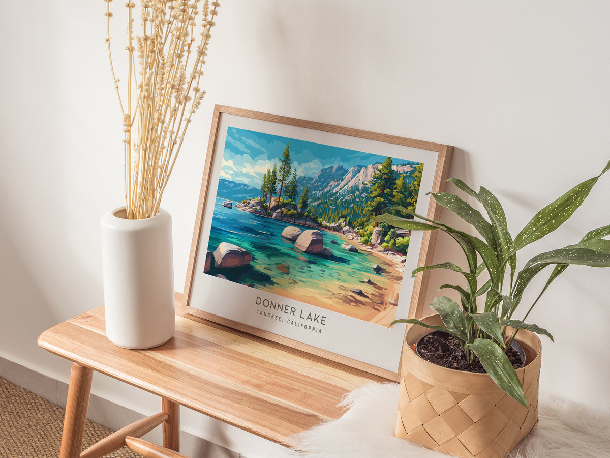 Donner Lake Landscape Matte Border Poster | Truckee, California Framed or Unframed Travel Gift — 20x16 in