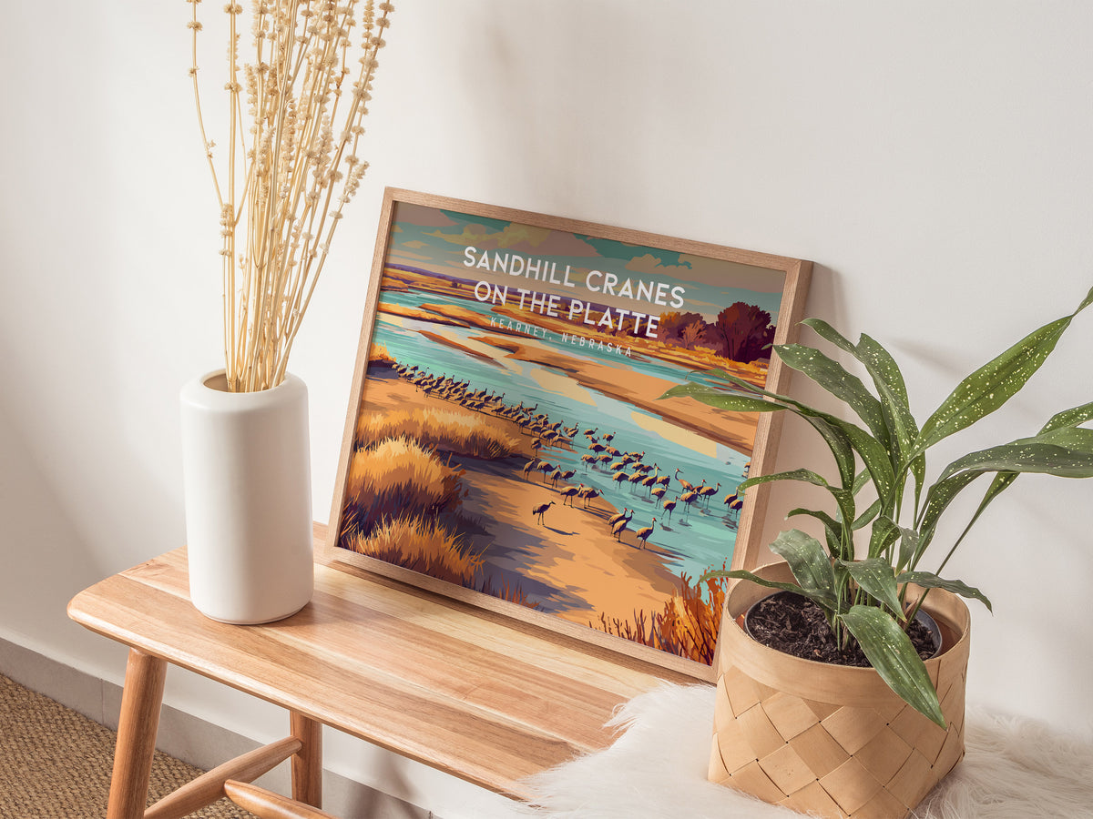 Sandhill Cranes on the Platte Landscape Poster | Kearney, Nebraska Vacation Wall Art — 20x16 in