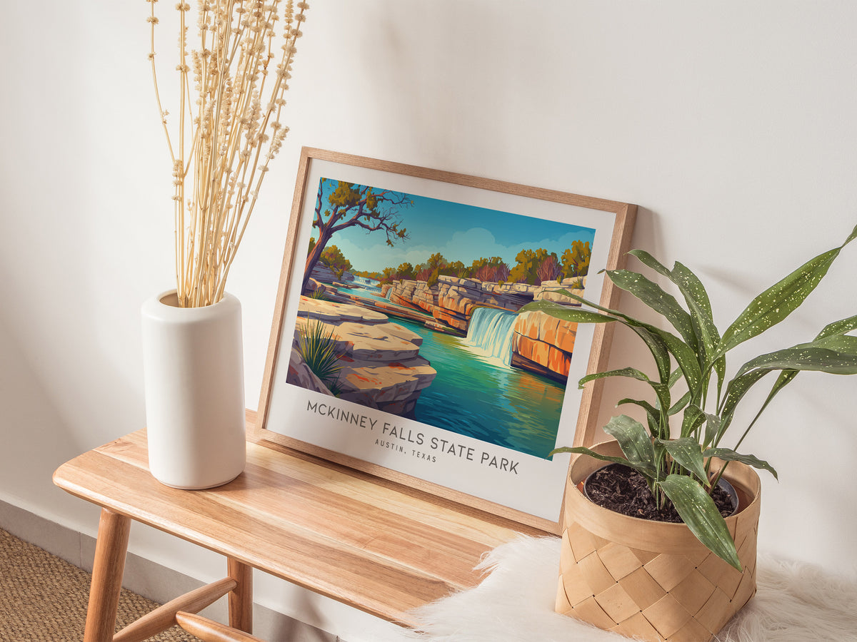 McKinney Falls State Park Landscape Matte Border Poster | Austin, Texas Framed or Unframed Travel Wall Art — 20x16 in