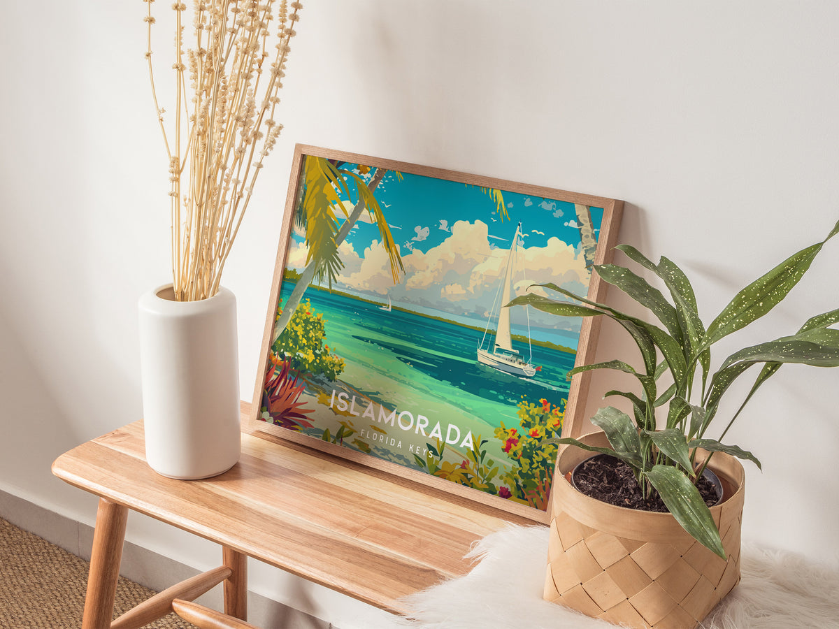 Islamorada, Florida Keys Poster | Landscape Coastal Decor Tiki & Palms Wall Art — 20x16 in
