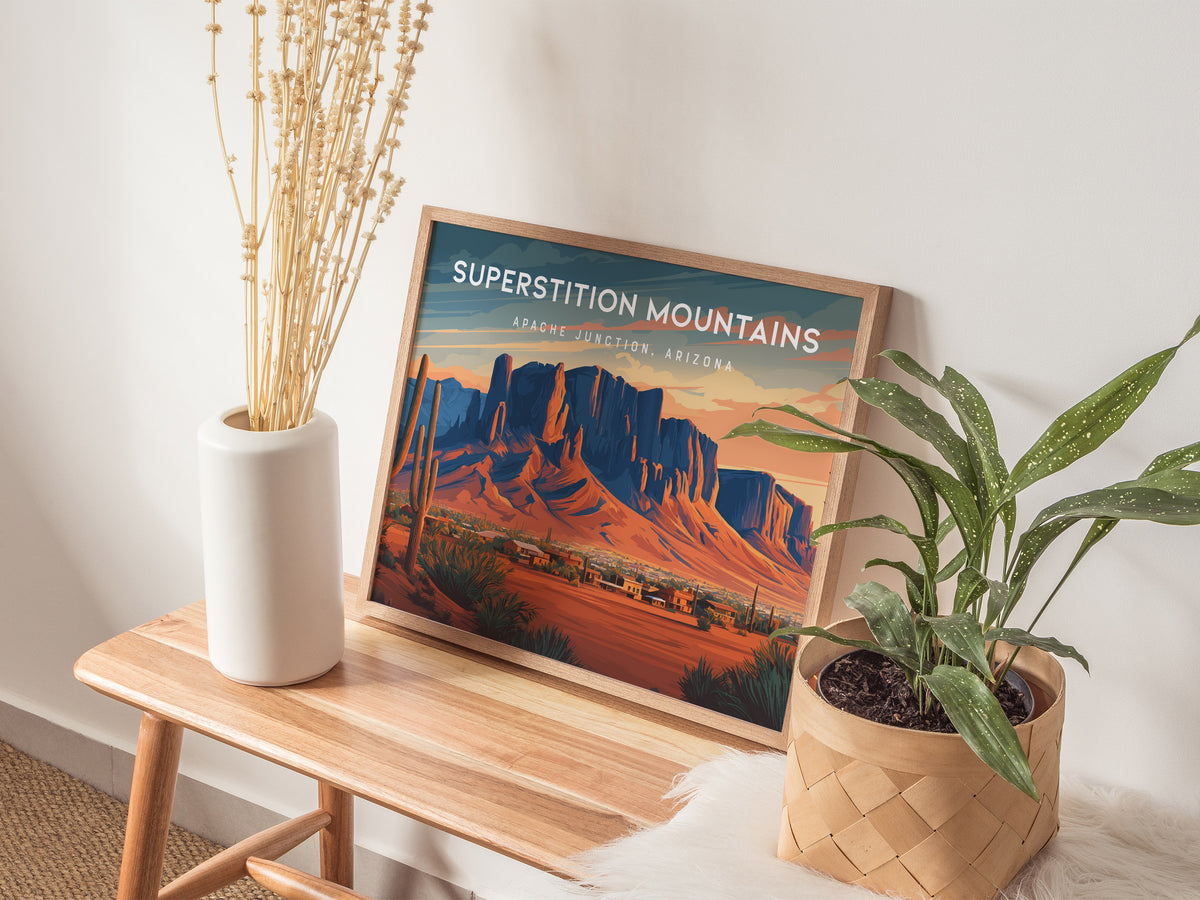 Superstition Mountains Landscape Poster | Apache Junction, Arizona Vacation Wall Art — 20x16 in