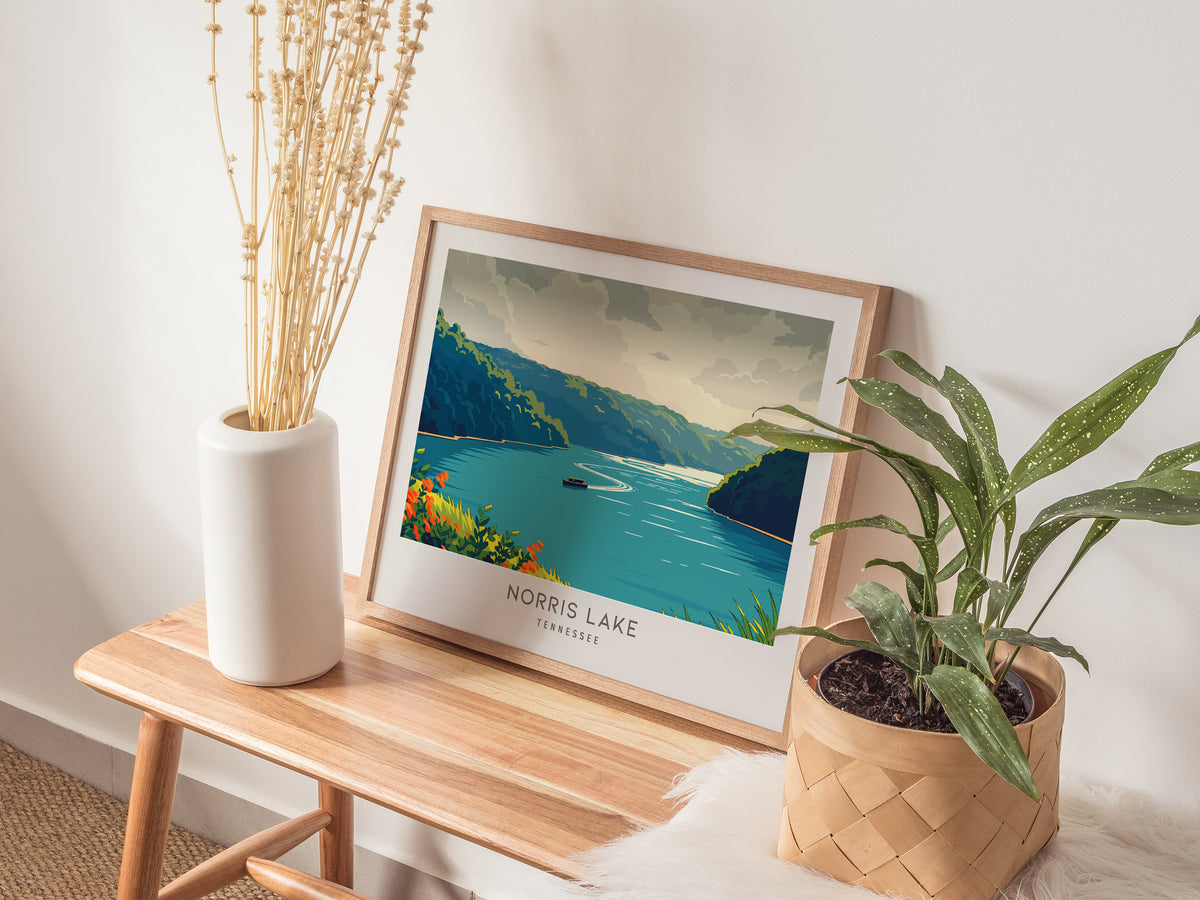 Norris Lake Landscape Matte Border Poster | Tennessee Vacation Wall Art — 20x16 in
