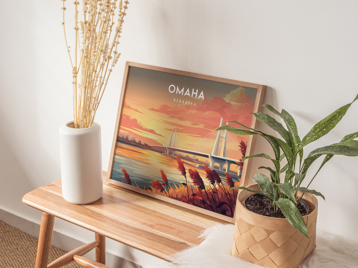 Omaha, Nebraska Landscape Poster | Midwest Cityscape Travel Gift Wall Art — 20x16 in