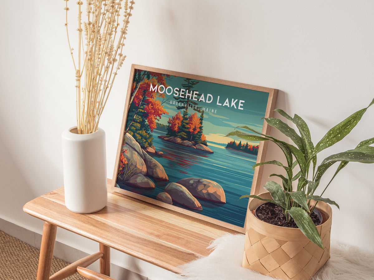 Moosehead Lake Landscape Poster | Greenville, Maine Travel Gift Lakeside Wall Art — 20x16 in