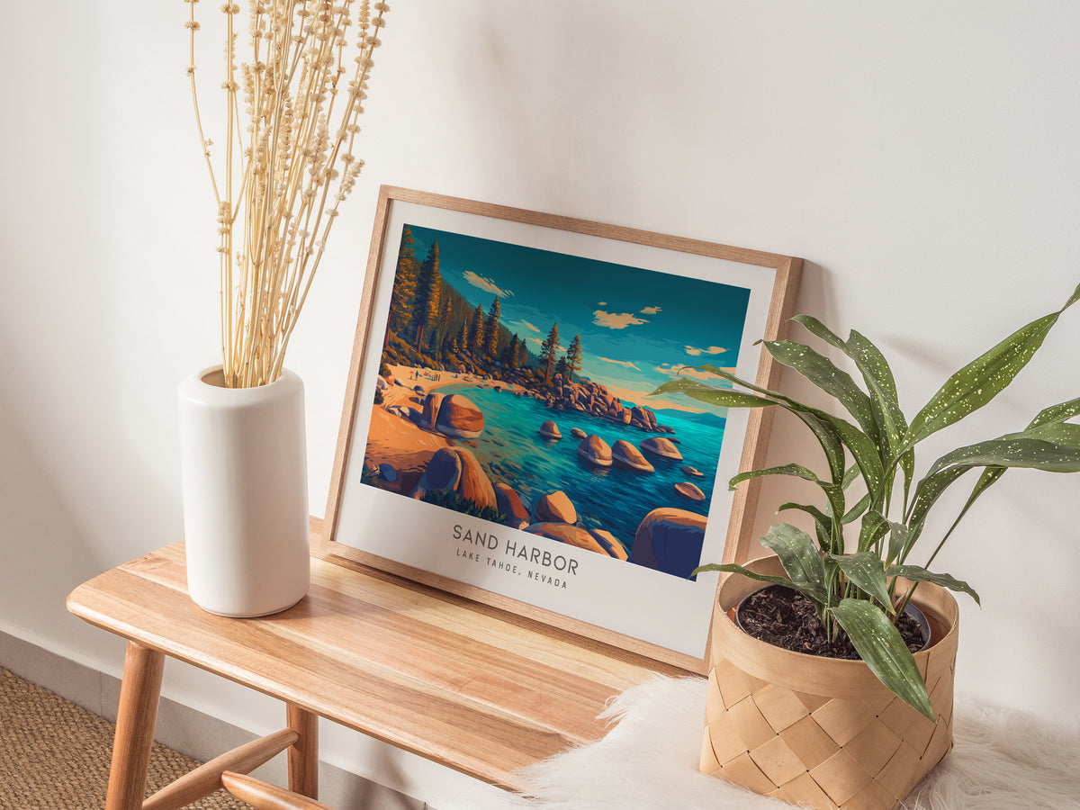 Sand Harbor Landscape Matte Border Poster | Lake Tahoe, Nevada Vacation Wall Art — 20x16 in
