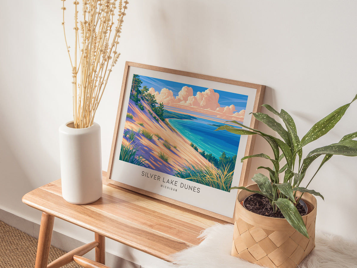 Silver Lake Dunes Landscape Matte Border Poster | Michigan Vacation Wall Art — 20x16 in