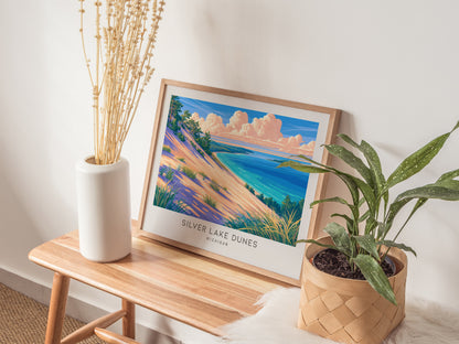 Silver Lake Dunes Landscape Matte Border Poster | Michigan Vacation Wall Art — 20x16 in
