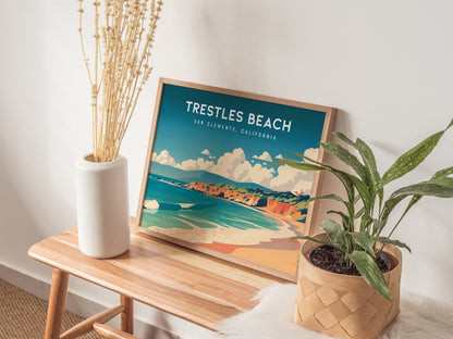 Trestles Beach Landscape, San Clemente, California Poster | Coastal Beach Decor Travel Gift Wall Art — 20x16 in