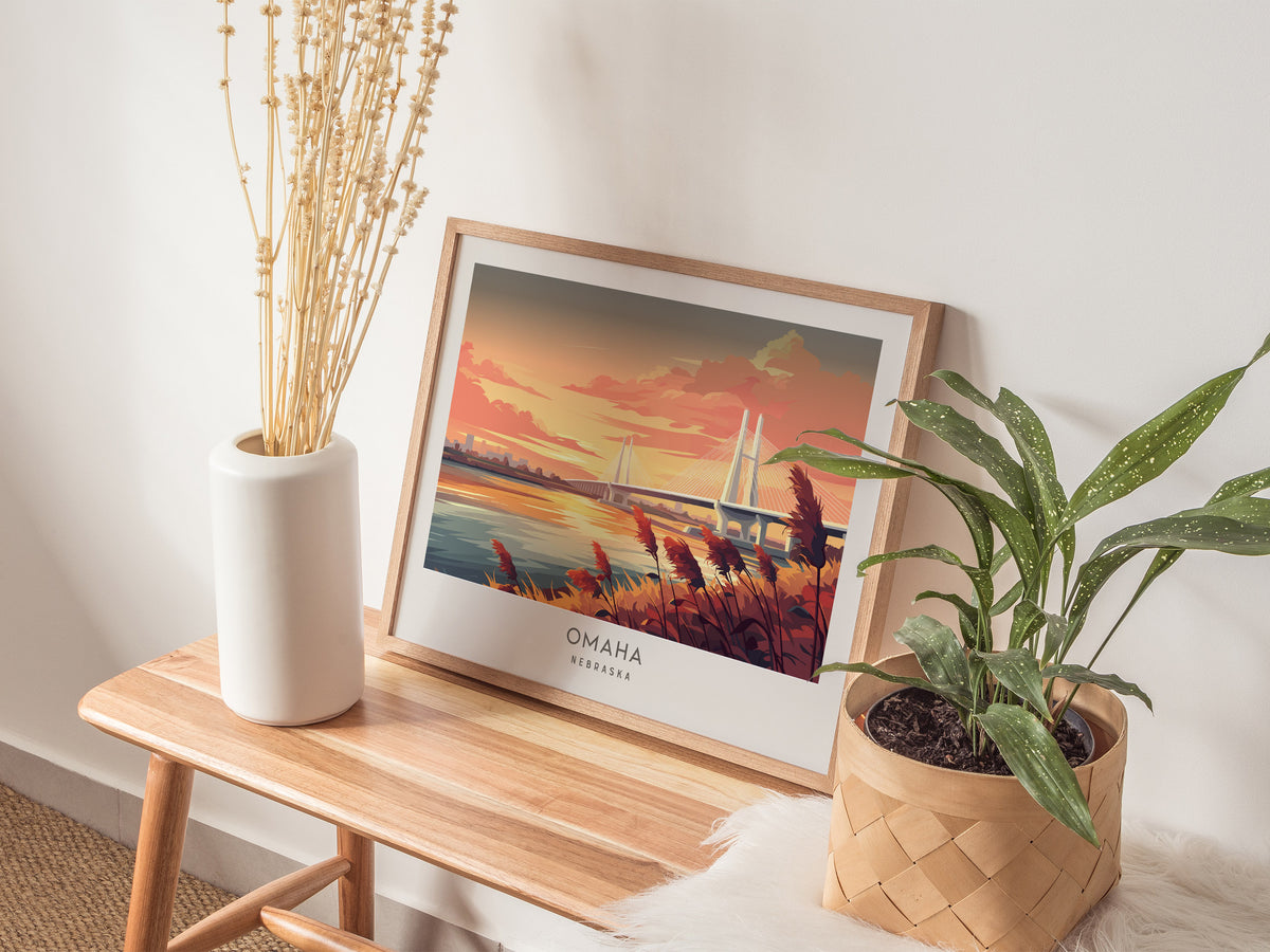Omaha Landscape Matte Border Poster | Nebraska Framed or Unframed Vacation Wall Art — 20x16 in