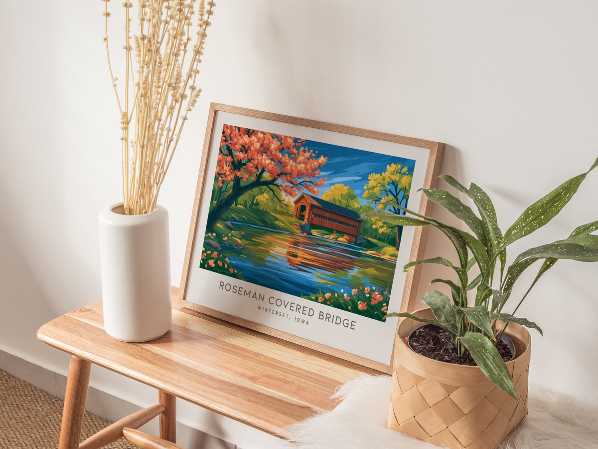Roseman Covered Bridge Landscape Matte Border Poster | Winterset, Iowa Vacation Wall Art — 20x16 in