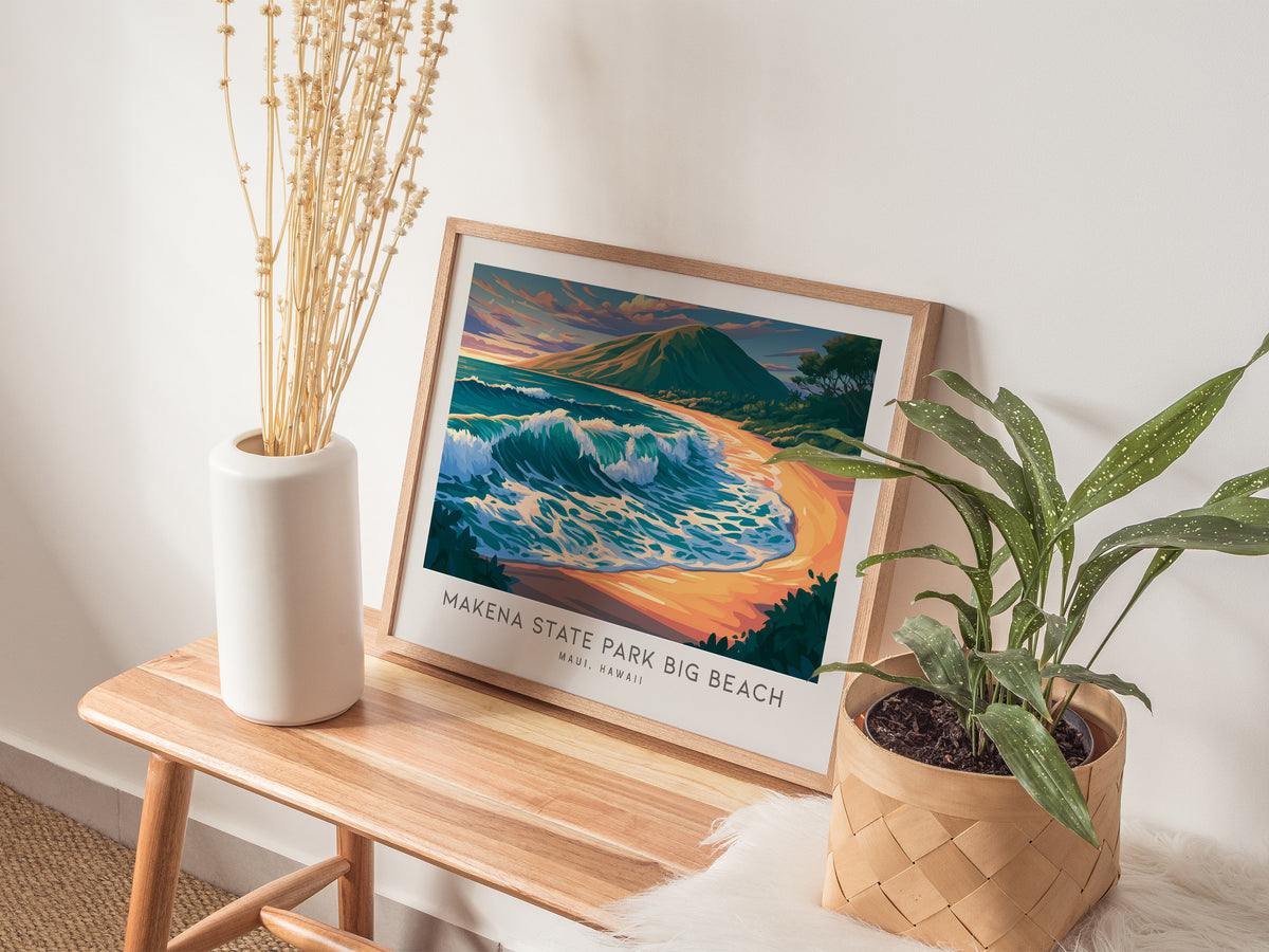 Makena State Park Big Beach Landscape Matte Border Poster | Maui, Hawaii Coastal Beach Decor — 20x16 in