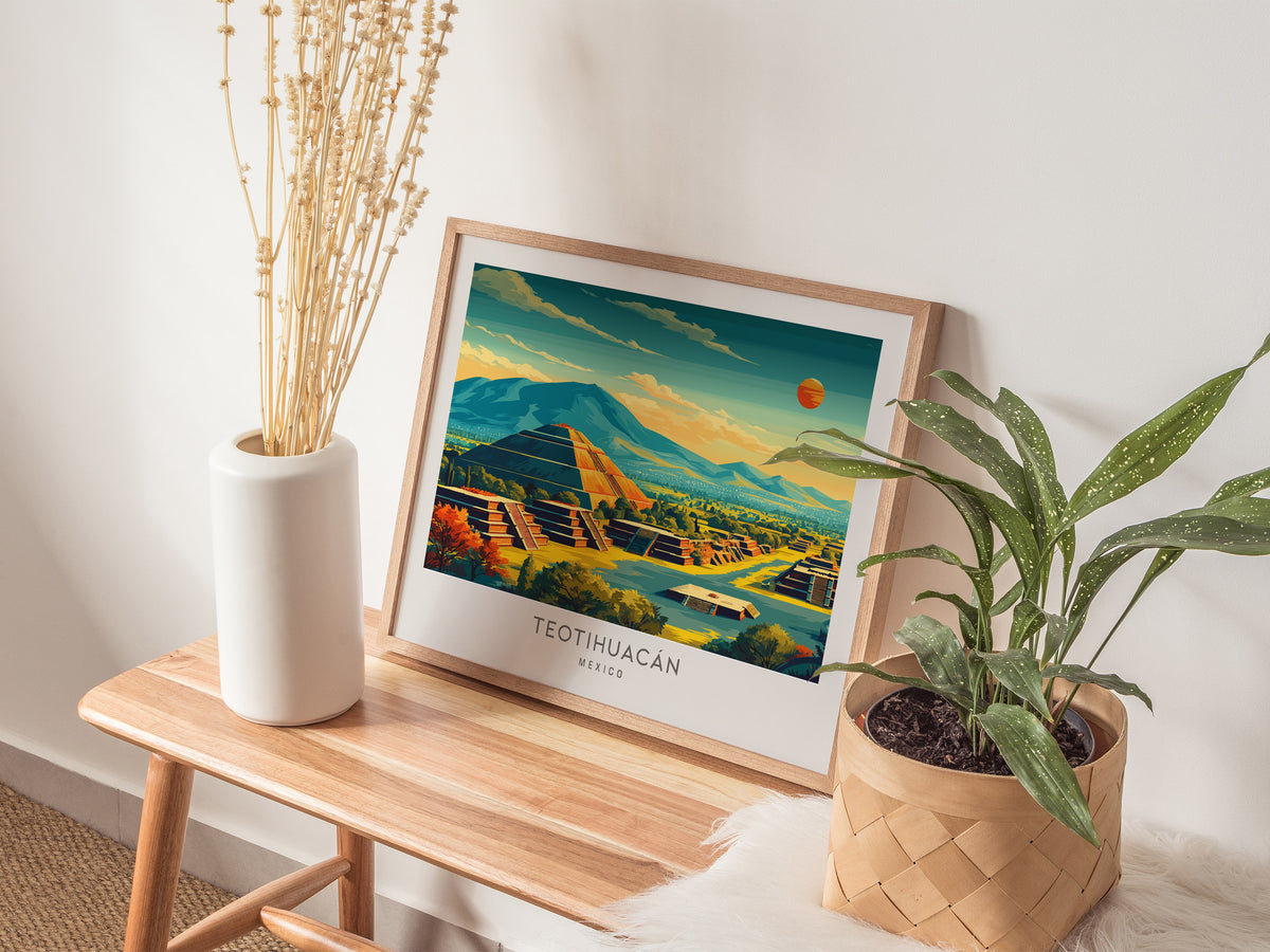 Teotihuacán Landscape Matte Border Poster | Mexico Ancient Ruins Framed or Unframed Travel Gift — 20x16 in