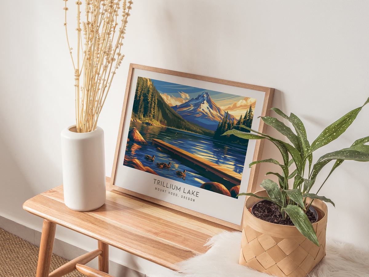 Trillium Lake Landscape Matte Border Poster | Mount Hood, Oregon Travel Gift Print — 20x16 in