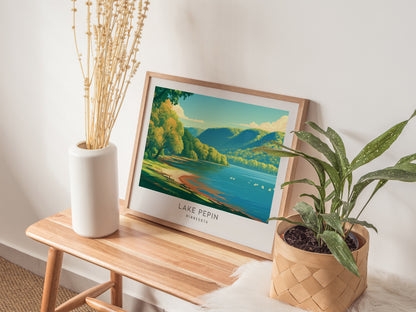 Lake Pepin Landscape Matte Border Poster | Minnesota Travel Gift Beach House Decor — 20x16 in
