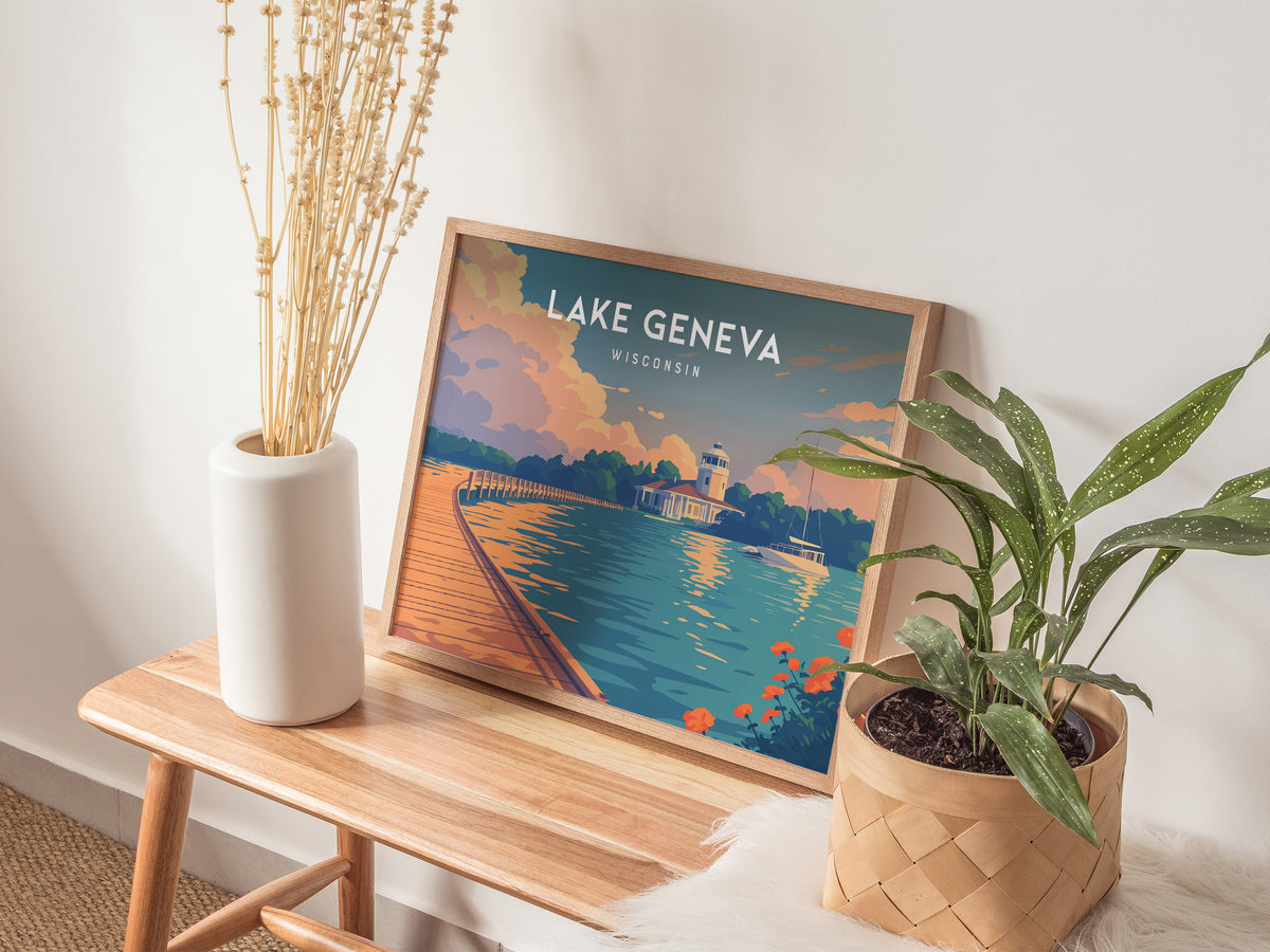 Lake Geneva, Wisconsin Landscape Poster | Lakefront Beauty Framed or Unframed Wall Art — 20x16 in