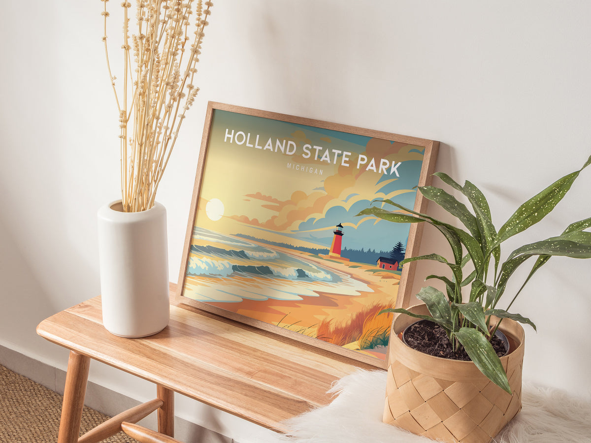 Holland State Park Landscape, Michigan Poster | Big Red Lighthouse Destination Print Wall Art — 20x16 in