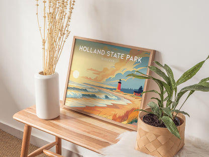Holland State Park Landscape, Michigan Poster | Big Red Lighthouse Destination Print Wall Art — 20x16 in