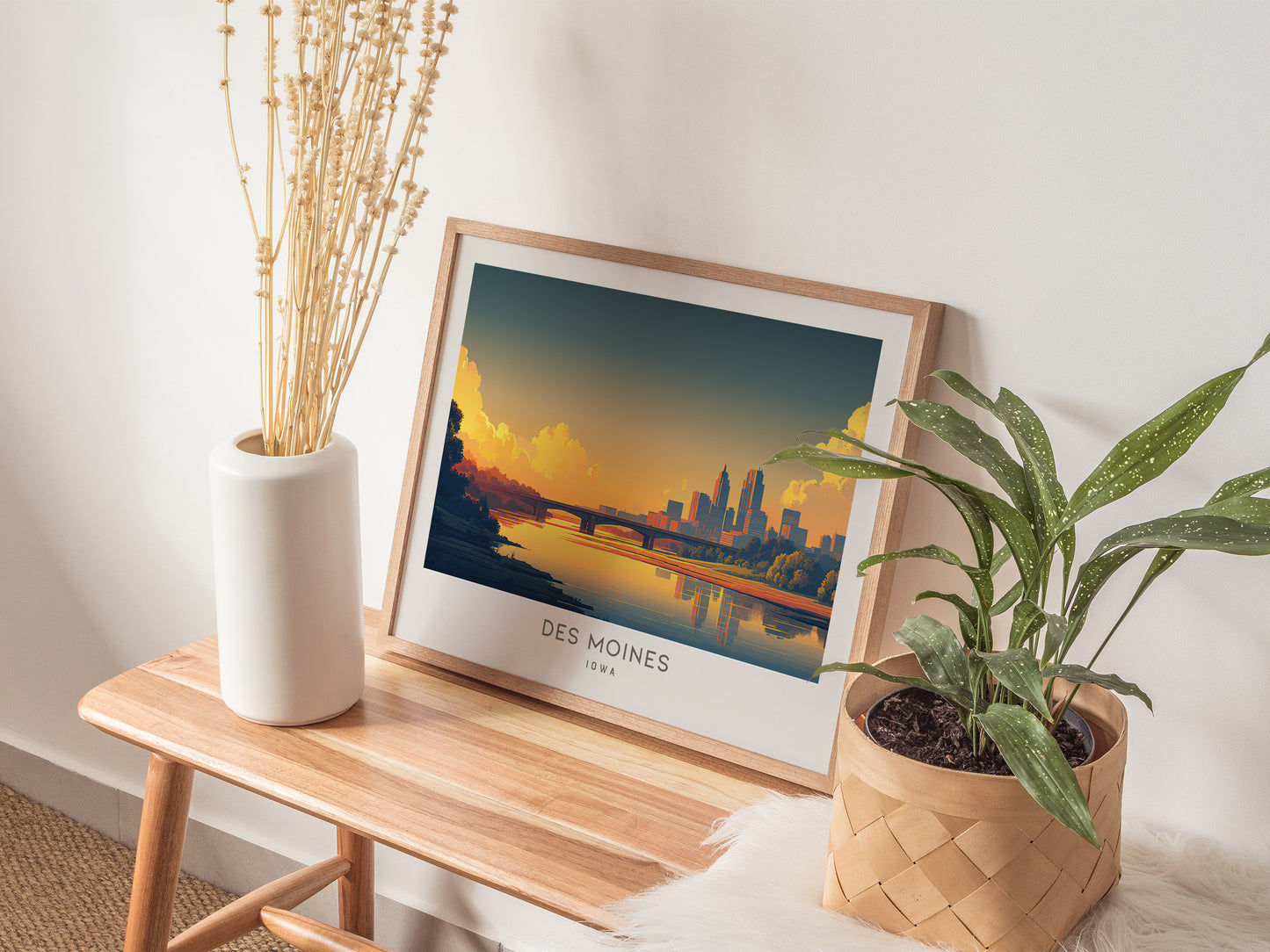 Des Moines Landscape Matte Border Poster | Iowa Travel Wall Art — 20x16 in
