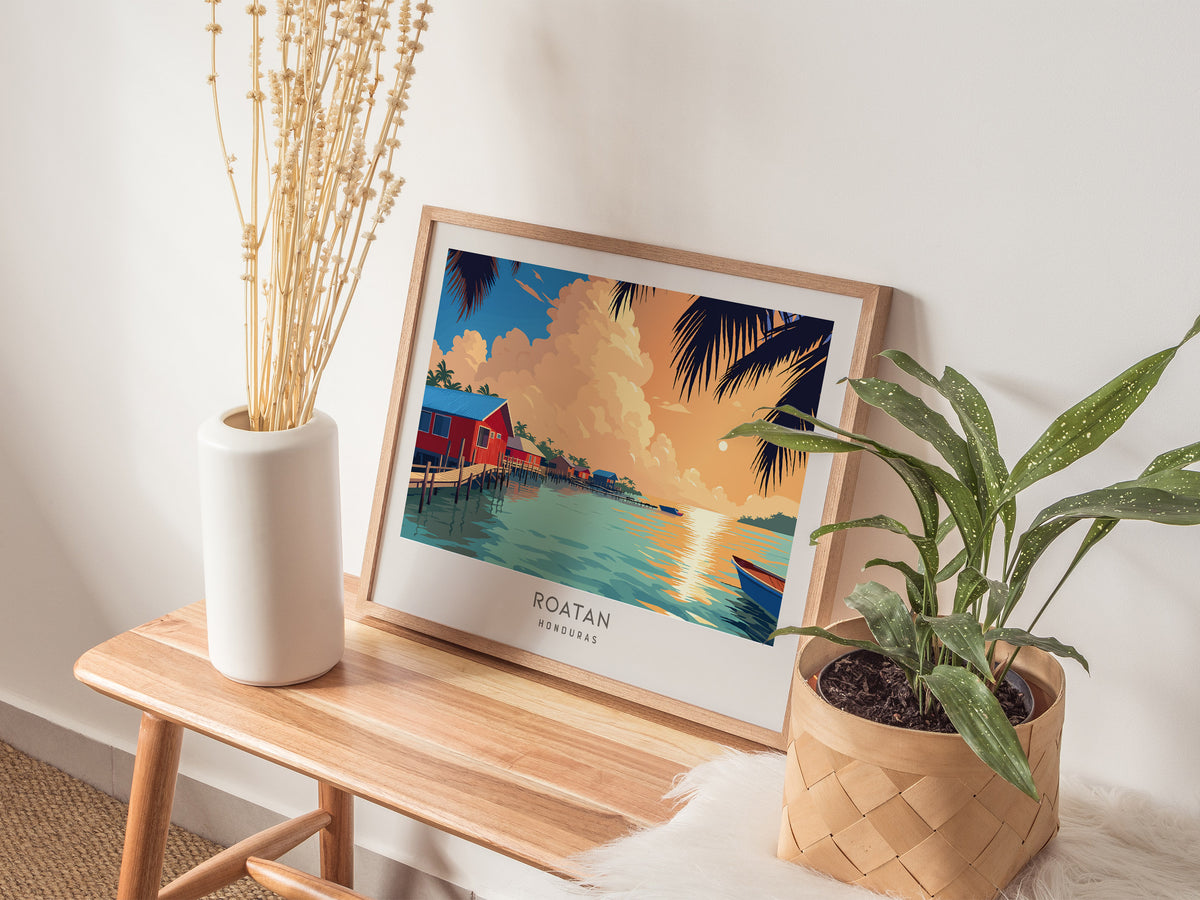 Roatan Landscape Matte Border Poster | Honduras Vacation Wall Art Beach House Decor — 20x16 in
