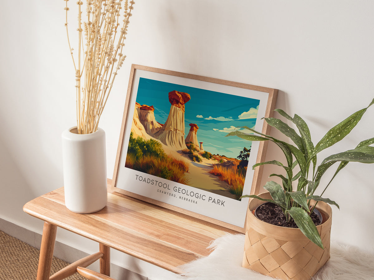 Toadstool Geologic Park Landscape Matte Border Poster | Crawford, Nebraska Framed or Unframed Travel Gift — 20x16 in