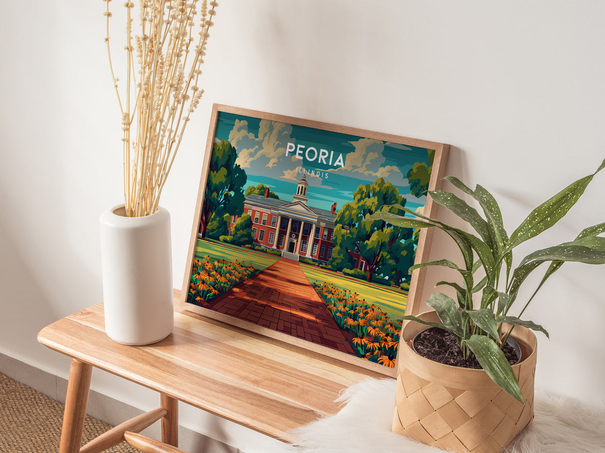 Peoria, Illinois Landscape Poster | Heartland River Skyline Beach House Decor Wall Art — 20x16 in