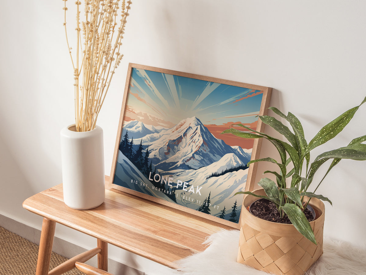 Lone Peak, Big Sky, Montana Landscape Poster | Mountain Destination Print Wall Art — 20x16 in