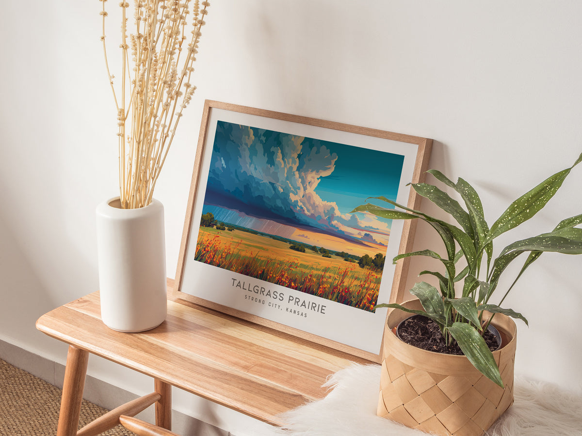 Tallgrass Prairie Landscape Matte Border Poster | Strong City, Kansas Framed or Unframed Travel Gift — 20x16 in