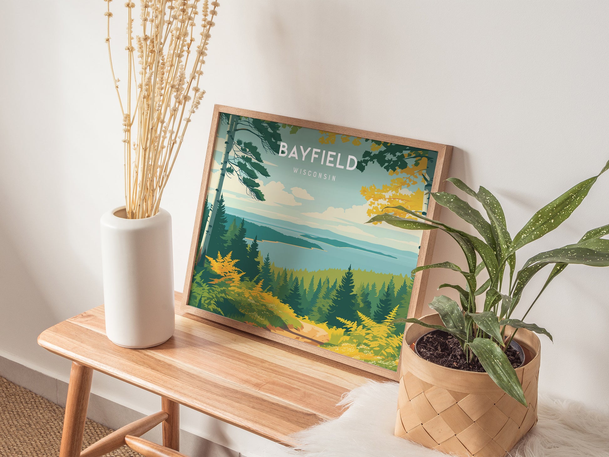 Bayfield, Wisconsin Landscape Poster | Coastal Beach Decor & Harbor Wall Art — 20x16 in