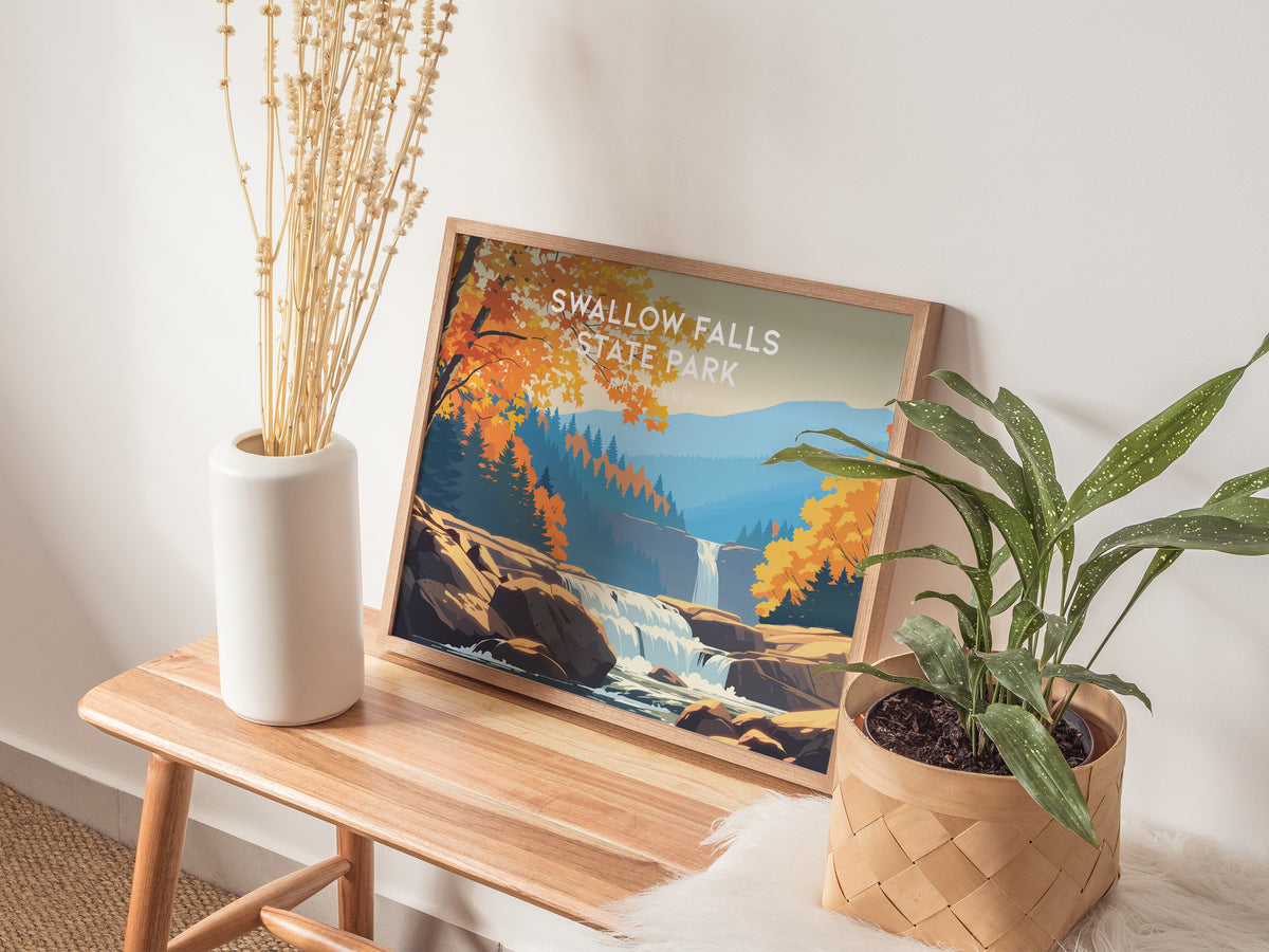 Swallow Falls State Park, Maryland Landscape Poster | Woodland Waterfall Vacation Wall Art — 20x16 in
